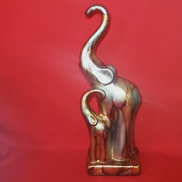 Gold Glazed Elephant Mom Baby Figurine Sculpture Long Legs Free Standing Statue - Picture 3 of 13